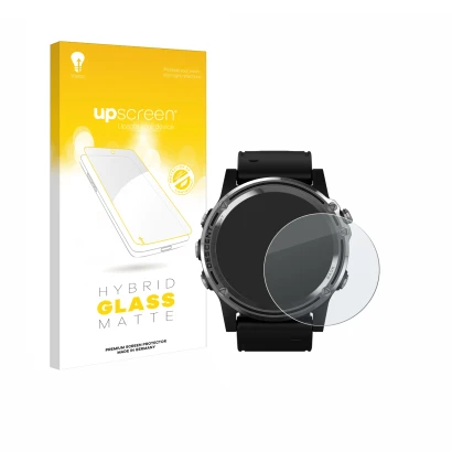 Front side of a product packaging with the brand logo upscreen. Next to it is the device Garmin Descent Mk1 shown with the cor