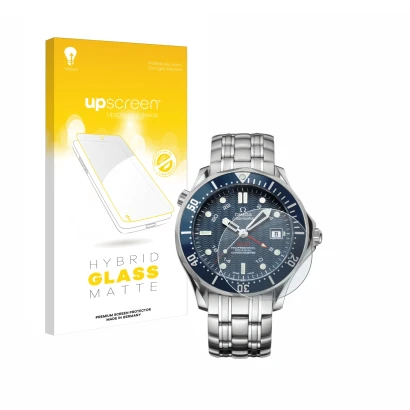 Front side of a product packaging with the brand logo upscreen. Next to it is the device Omega Seamaster Diver (41 mm) shown w
