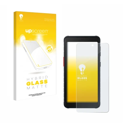 Front side of a product packaging with the brand logo upscreen. Next to it is the device Samsung Galaxy XCover 5 shown with th