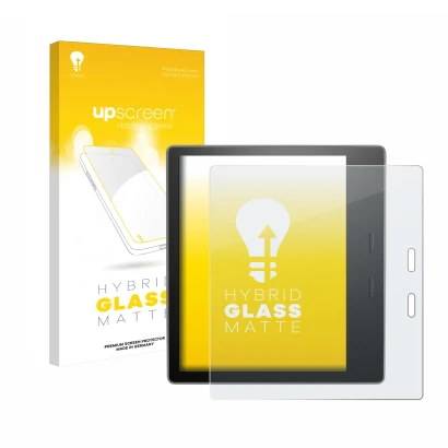 Front side of a product packaging with the brand logo upscreen. Next to it is the device Amazon Kindle Oasis 2019 (10th Gen.) 