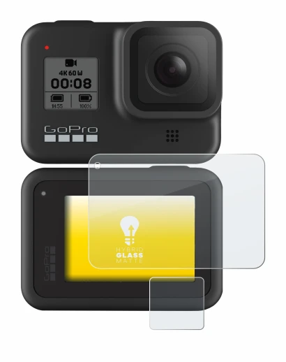 Image of the device GoPro Hero 8 Black with a wide variety of screen protectors.