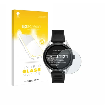 Front side of a product packaging with the brand logo upscreen. Next to it is the device Emporio Armani Connected Smartwatch 3