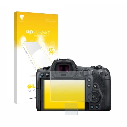 Front side of a product packaging with the brand logo upscreen. Next to it is the device Canon EOS R5 shown with the correspon