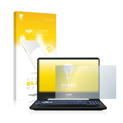 Front side of a product packaging with the brand logo upscreen. Next to it is the device ASUS TUF Gaming X505 shown with the c