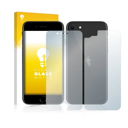 Front side of a product packaging with the brand logo upscreen. Next to it is the device Apple iPhone SE 2 2020 (Front+Back) s