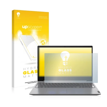 Front side of a product packaging with the brand logo upscreen. Next to it is the device Lenovo V15 15'' shown with the corres