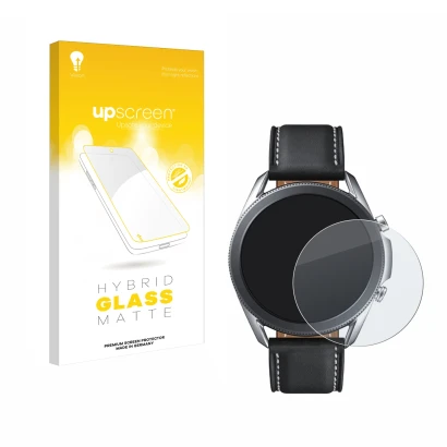 Front side of a product packaging with the brand logo upscreen. Next to it is the device Samsung Galaxy Watch 3 (45mm) shown w