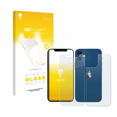 Front side of a product packaging with the brand logo upscreen. Next to it is the device Apple iPhone 12 mini (Front+Back) sho