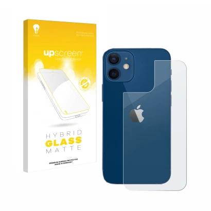 Front side of a product packaging with the brand logo upscreen. Next to it is the device Apple iPhone 12 (Back) shown with the