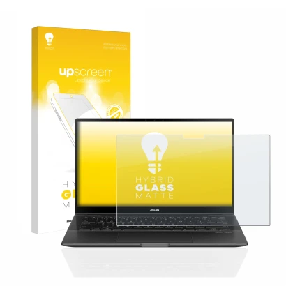 Front side of a product packaging with the brand logo upscreen. Next to it is the device ASUS ZenBook Flip 14 UX463FA shown wi