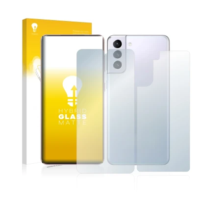 Front side of a product packaging with the brand logo upscreen. Next to it is the device Samsung Galaxy S21 5G (Front+Back) sh