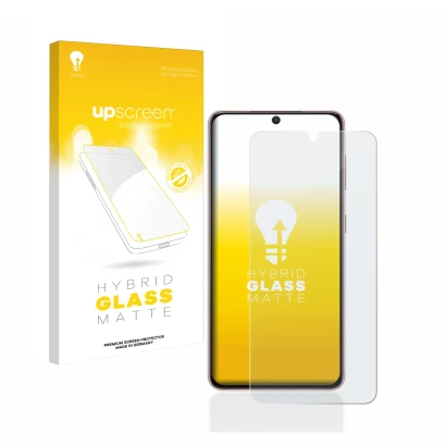 Front side of a product packaging with the brand logo upscreen. Next to it is the device Samsung Galaxy S21 shown with the cor