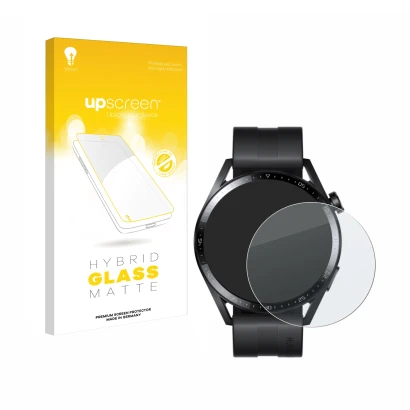 Front side of a product packaging with the brand logo upscreen. Next to it is the device Huawei Watch GT 3 (46 mm) shown with 