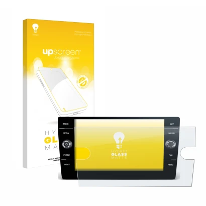 Front side of a product packaging with the brand logo upscreen. Next to it is the device Volkswagen T6 2021 Discover Media 8" 