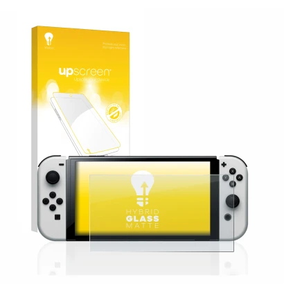 Front side of a product packaging with the brand logo upscreen. Next to it is the device Nintendo Switch OLED-Modell shown wit