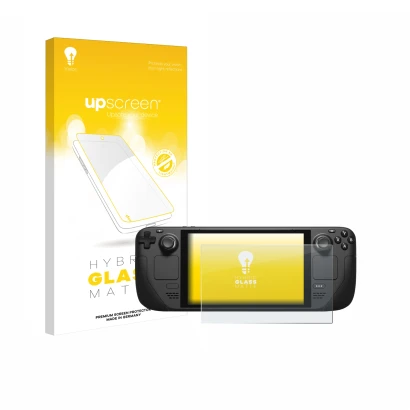 Front side of a product packaging with the brand logo upscreen. Next to it is the device Valve Steam Deck shown with the corre