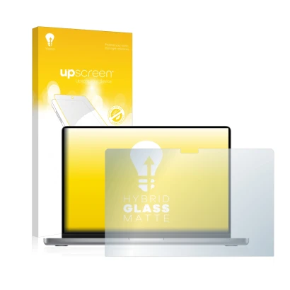 Front side of a product packaging with the brand logo upscreen. Next to it is the device Apple MacBook Pro 14