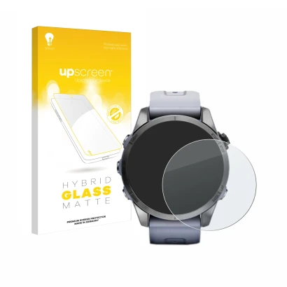Front side of a product packaging with the brand logo upscreen. Next to it is the device Garmin Fenix 7S (42 mm) shown with th