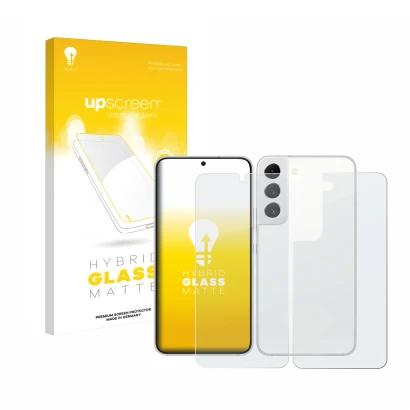 Front side of a product packaging with the brand logo upscreen. Next to it is the device Samsung Galaxy S22 5G (Front+Back) sh