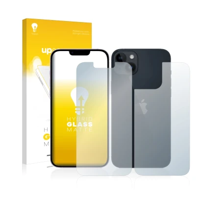 Front side of a product packaging with the brand logo upscreen. Next to it is the device Apple iPhone 14 (Front+Back) shown wi