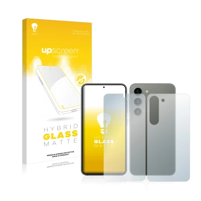 Front side of a product packaging with the brand logo upscreen. Next to it is the device Samsung Galaxy S23 (Front+Back) shown