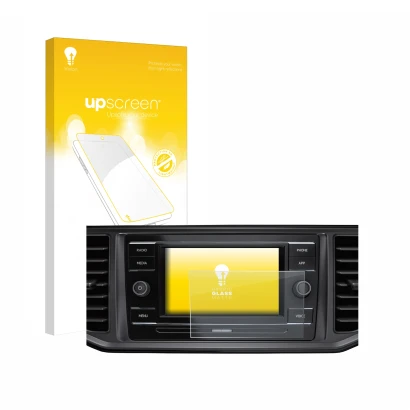 Front side of a product packaging with the brand logo upscreen. Next to it is the device Volkswagen Crafter Composition Colour