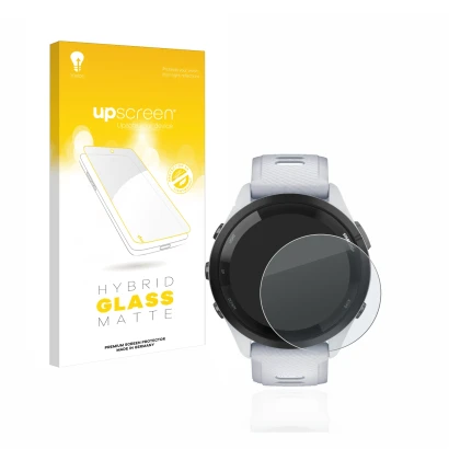 Front side of a product packaging with the brand logo upscreen. Next to it is the device Garmin Forerunner 265 (46 mm) shown w