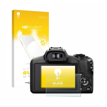 Front side of a product packaging with the brand logo upscreen. Next to it is the device Canon EOS R100 shown with the corresp