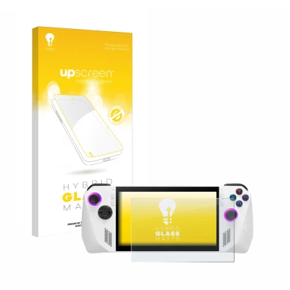 Front side of a product packaging with the brand logo upscreen. Next to it is the device ASUS ROG Ally (2023) RC71L shown with