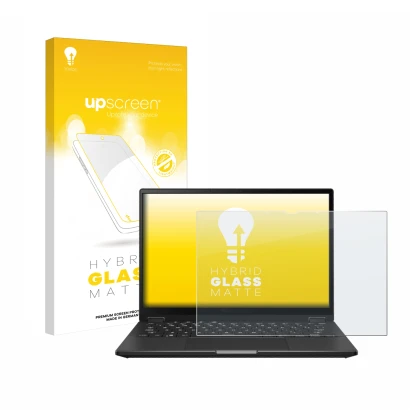 Front side of a product packaging with the brand logo upscreen. Next to it is the device ASUS ROG Flow X13 2023 shown with the