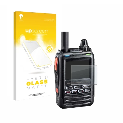 Front side of a product packaging with the brand logo upscreen. Next to it is the device Yaesu FT-5DE/DR shown with the corres