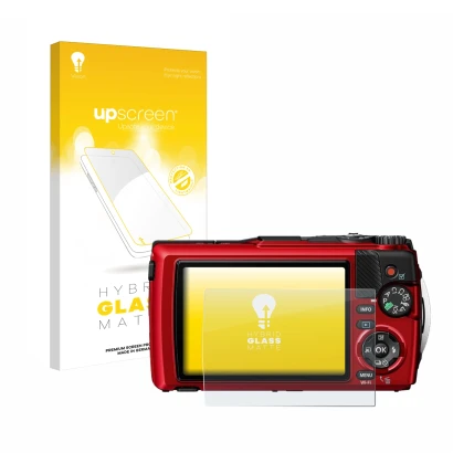 Front side of a product packaging with the brand logo upscreen. Next to it is the device Olympus OM System Tough TG-7 shown wi