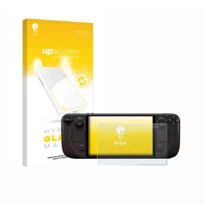 Front side of a product packaging with the brand logo upscreen. Next to it is the device Valve Steam Deck OLED shown with the 