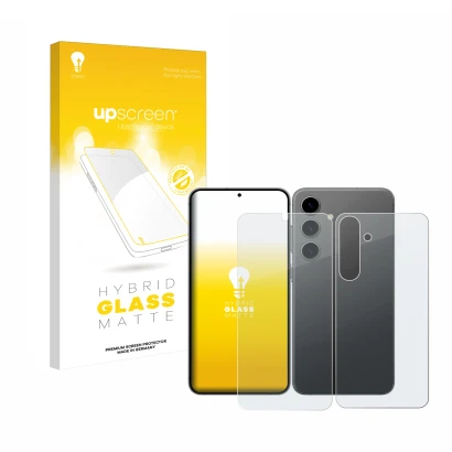 Front side of a product packaging with the brand logo upscreen. Next to it is the device Samsung Galaxy S24 Plus (Front+Back) 