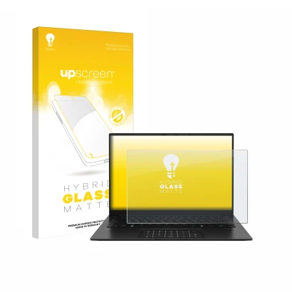 Front side of a product packaging with the brand logo upscreen. Next to it is the device ASUS ZenBook 14 OLED UM3406 shown wit