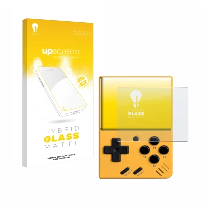 Front side of a product packaging with the brand logo upscreen. Next to it is the device Miyoo Mini V4 shown with the correspo