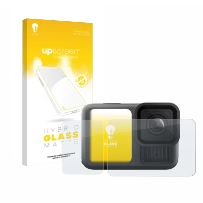 Front side of a product packaging with the brand logo upscreen. Next to it is the device GoPro Hero 13 Black shown with the co