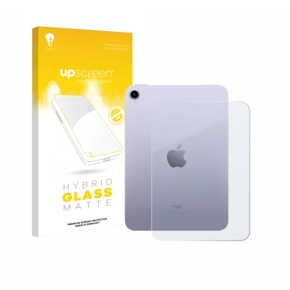 Front side of a product packaging with the brand logo upscreen. Next to it is the device Apple iPad Mini 7 WiFi 2024 (Back) sh