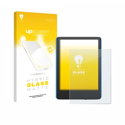 Front side of a product packaging with the brand logo upscreen. Next to it is the device Amazon Kindle Kids (2024) shown with 