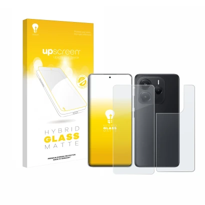 Front side of a product packaging with the brand logo upscreen. Next to it is the device Xiaomi Redmi Note 14 (Front+Back) sho