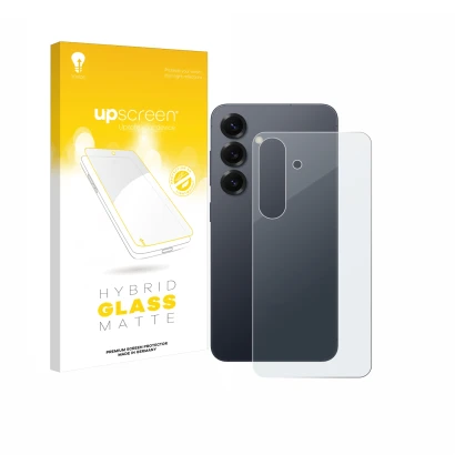 Front side of a product packaging with the brand logo upscreen. Next to it is the device Samsung Galaxy S25 (Back) shown with 