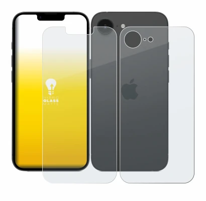Image of the device Apple iPhone 16e (Front+Back) with a wide variety of screen protectors.