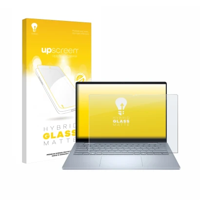 Front side of a product packaging with the brand logo upscreen. Next to it is the device Dell 14 Plus 2-in-1 shown with the co