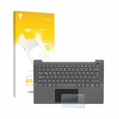 Front side of a product packaging with the brand logo upscreen. Next to it is the device Lenovo IdeaPad 5 14ALC05 Touchpad sho