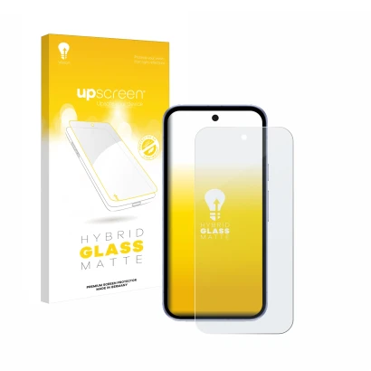 Front side of a product packaging with the brand logo upscreen. Next to it is the device Google Pixel 9a shown with the corres