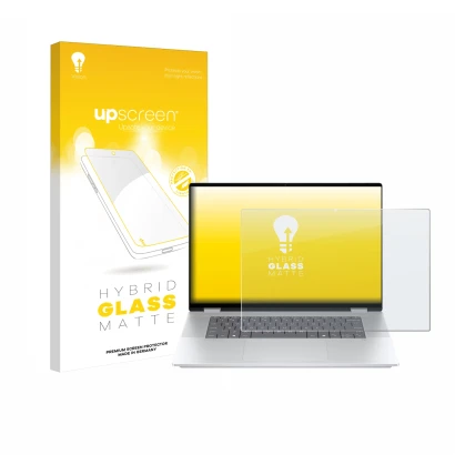 Front side of a product packaging with the brand logo upscreen. Next to it is the device HP OmniBook X Flip 16-aX shown with t