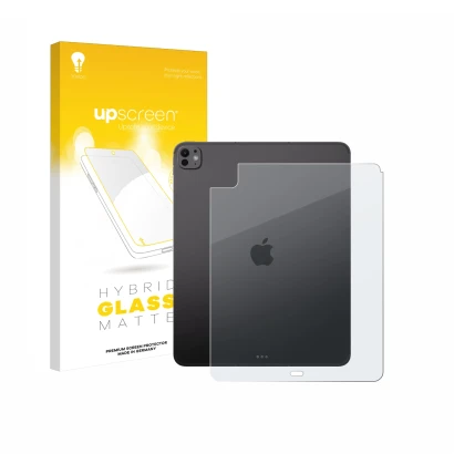 Front side of a product packaging with the brand logo upscreen. Next to it is the device Apple iPad Pro 13" 2025 (Back) shown 