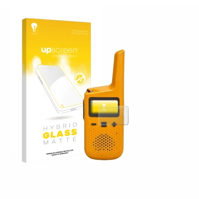 Front side of a product packaging with the brand logo upscreen. Next to it is the device Motorola Talkabout T72 shown with the