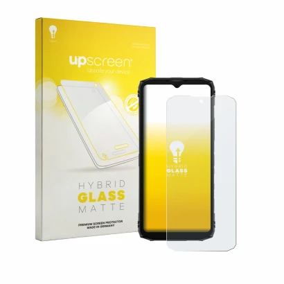 Front side of a product packaging with the brand logo upscreen. Next to it is the device Doogee Blade 10 Energy shown with the