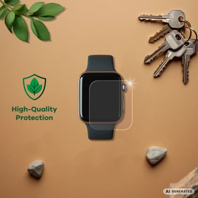 Device with protective film, next to it keys, stones, leaves, and the text "High-Quality protection".